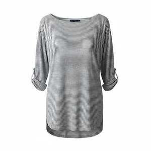 Adrienne Vittadini 100% Linen Striped 3/4 Roll-Tab Sleeve Top with Back Button D